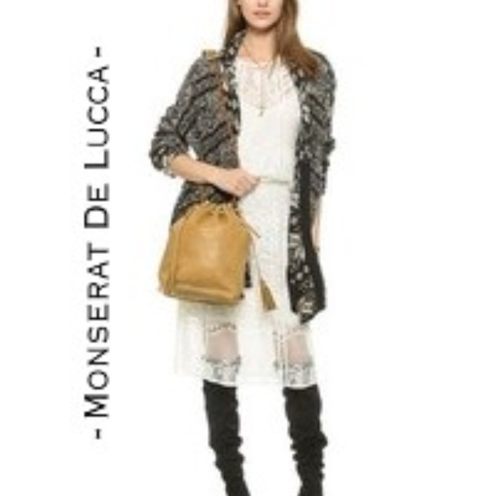 MONSERAT De LUCCA Sacha Beige Sand LEATHER Tassel Drawstring Fringe Bucket Bag!